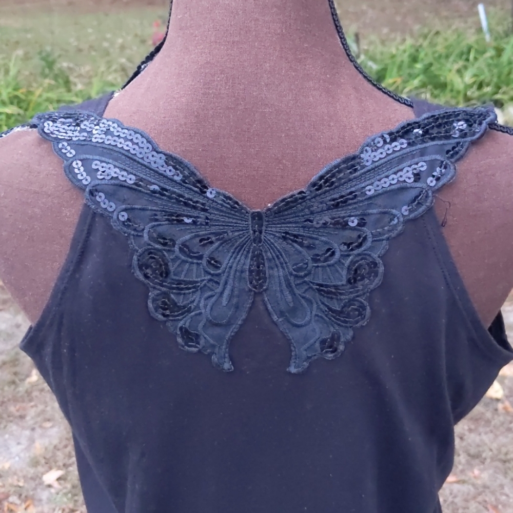 Twenty X Black Tank Top with Butterfly Det…